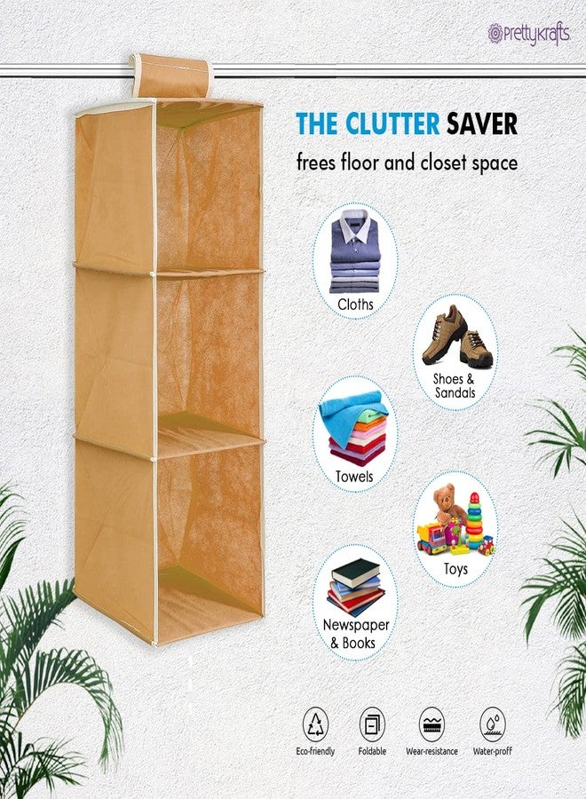 PrettyKrafts Clothes Hanging 3 Shelf Organizer, Wall Hanging Organiser, Compartment Clothes Storage Wardrobe Organizer, Non Woven Fabric + Engineered Wood Inside, Foldable Closet Organizer, Beige - Image 2